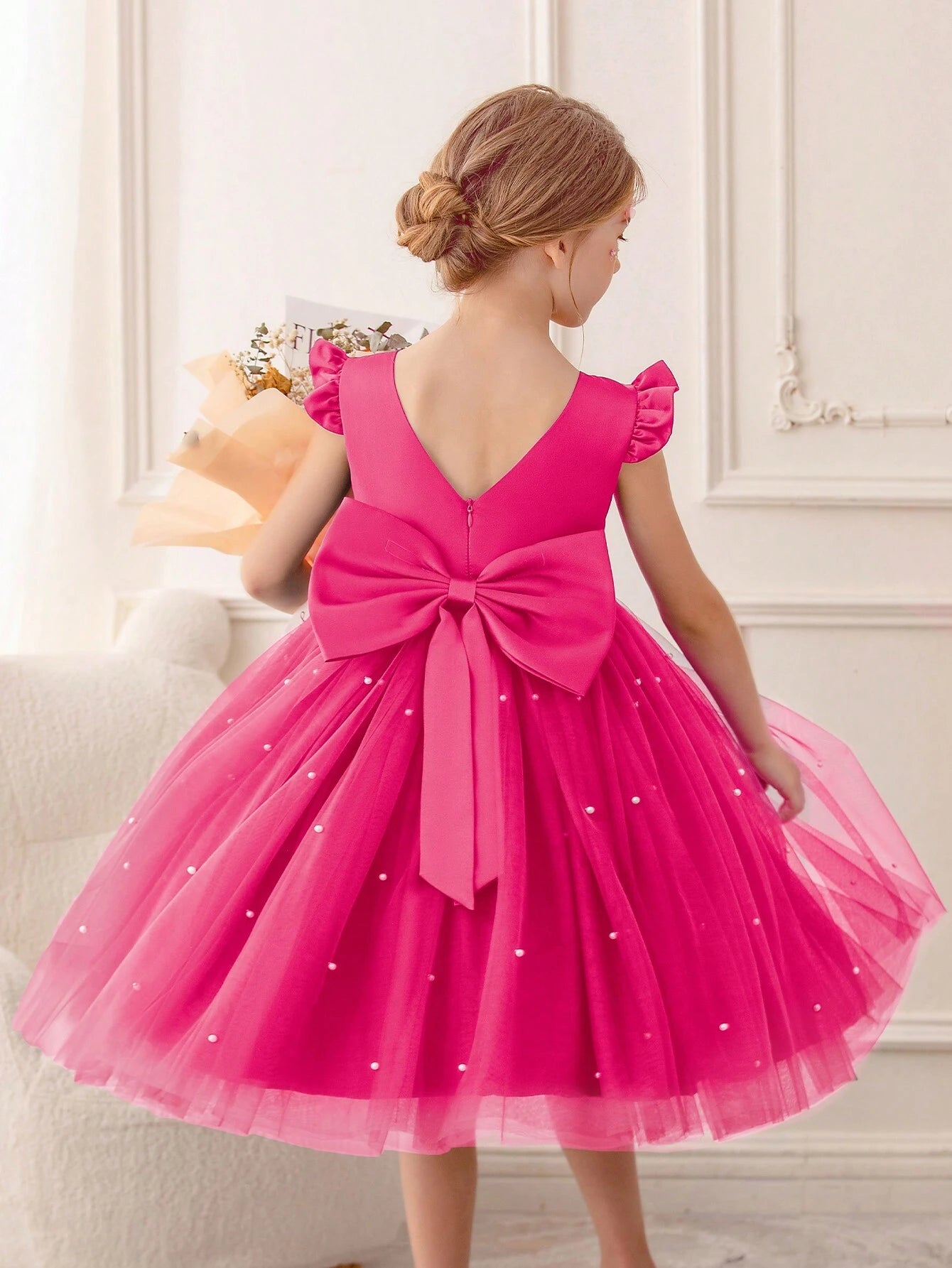 Girls' Flying Sleeve Mesh Tulle Princess Dress Hot Pink