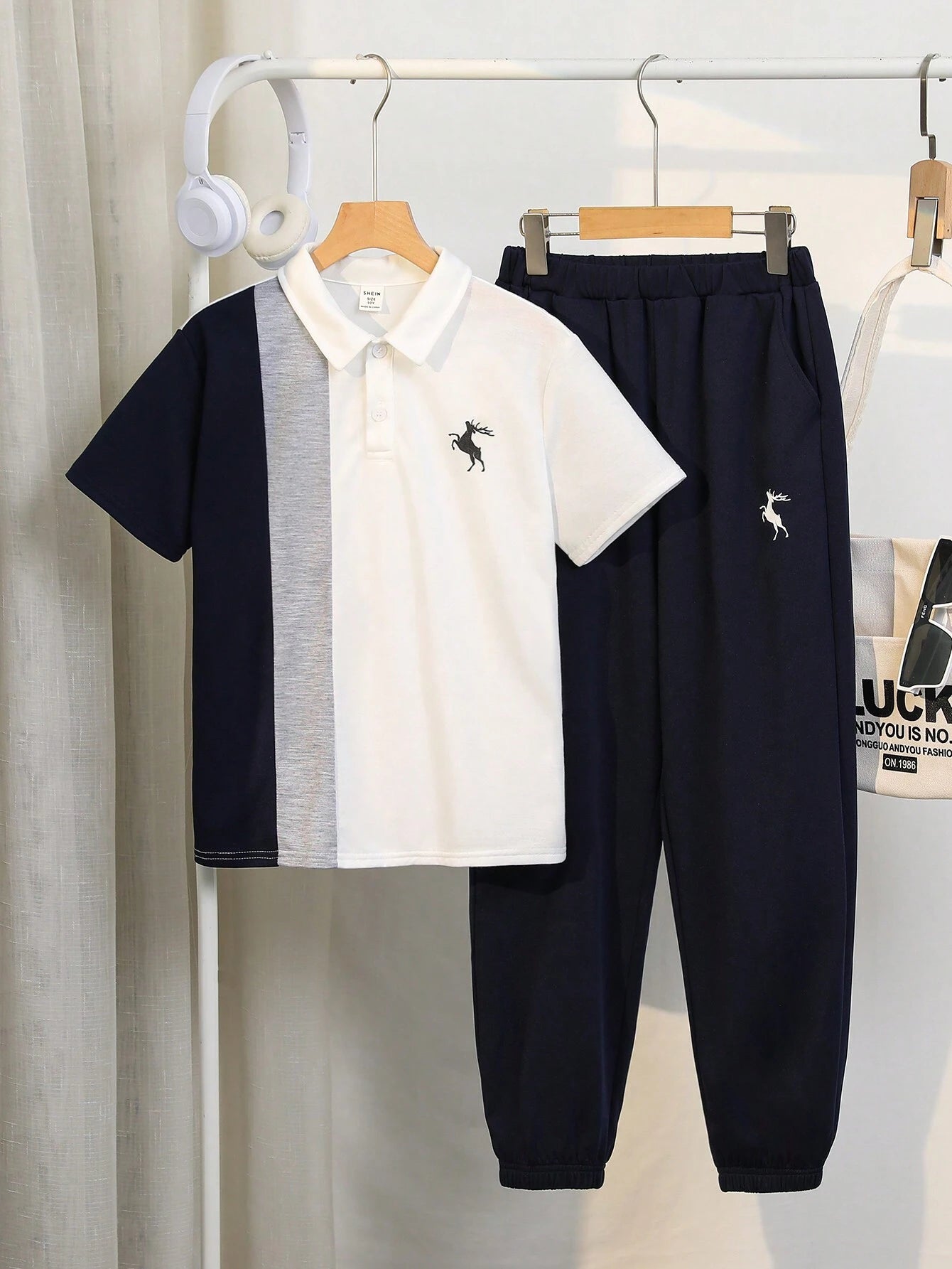 Tween Boy Color Block Casual Collared Short Sleeve Polo Shirt And Jogger Pants