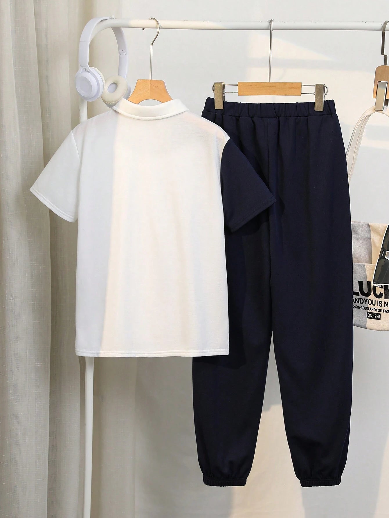 Tween Boy Color Block Casual Collared Short Sleeve Polo Shirt And Jogger Pants