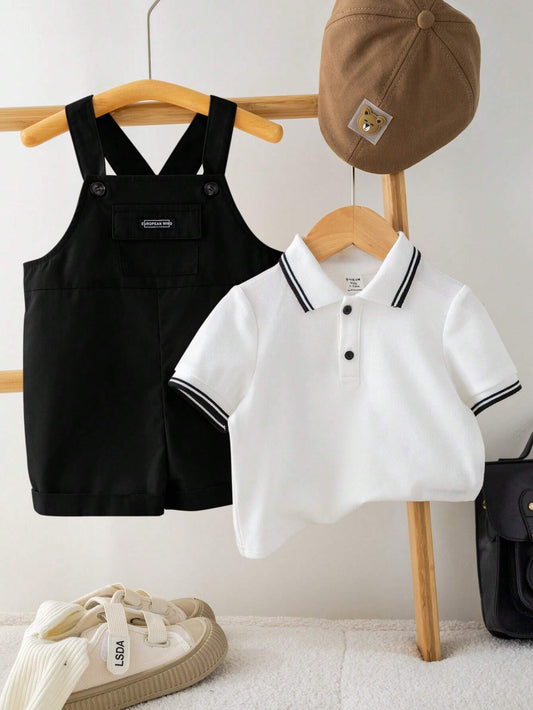 Colorblock Flat Knit Collar Polo Shirt & Suspender Shorts Set 18-24M