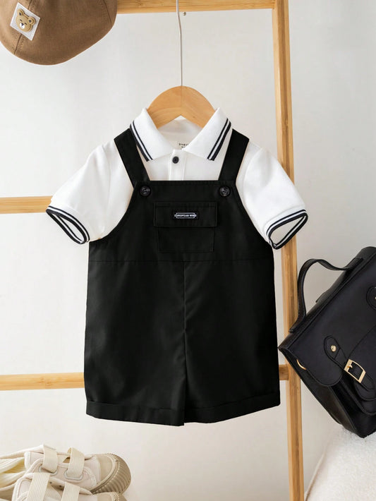Colorblock Flat Knit Collar Polo Shirt & Suspender Shorts Set