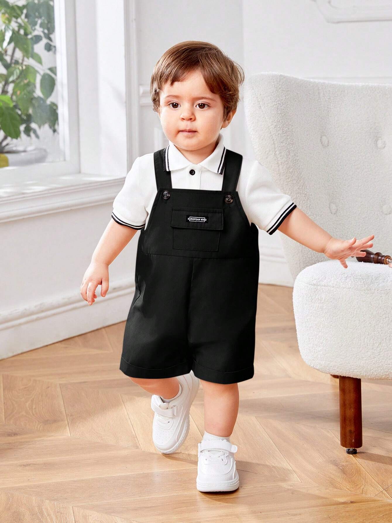 Colorblock Flat Knit Collar Polo Shirt & Suspender Shorts Set