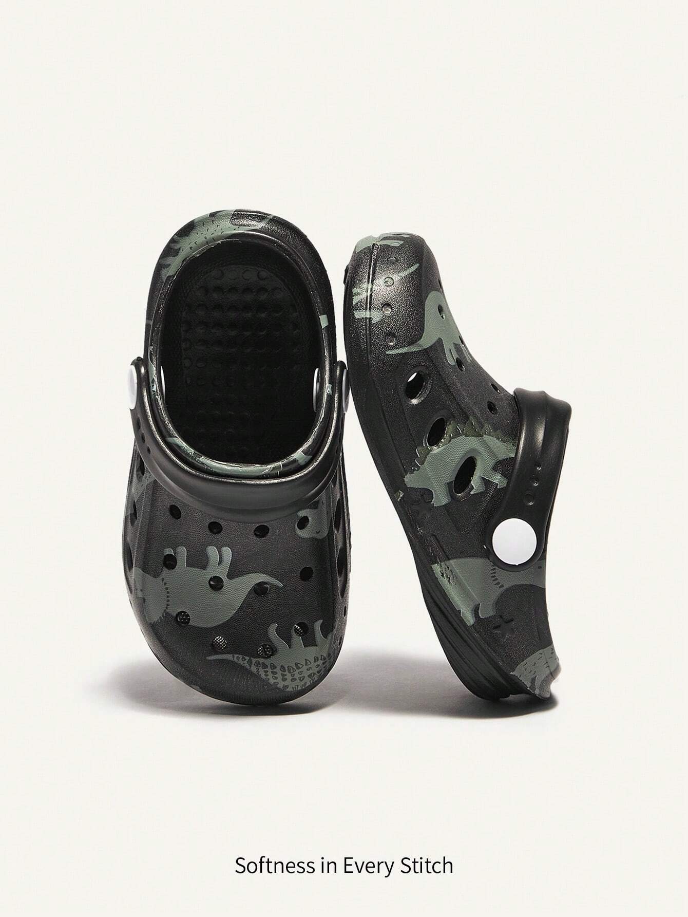 Cozy Pixies Cute And Fun Dinosaur Printed Cartoon Baby Clogs Black