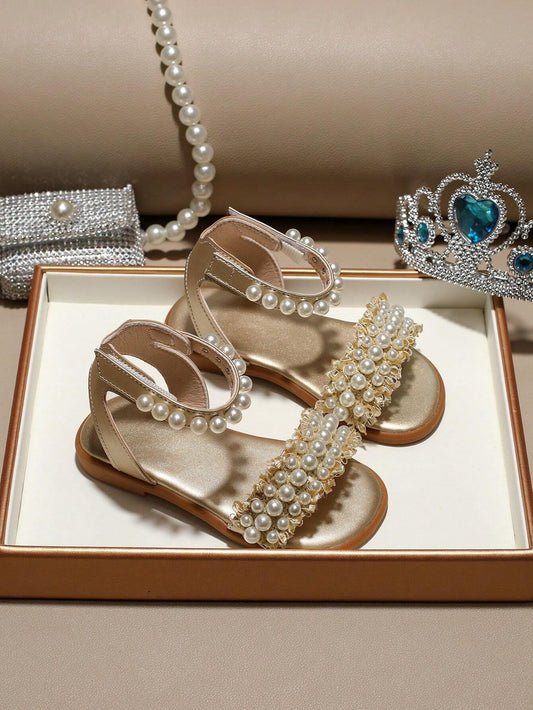 Girls' Summer Lace Pearl Flat Sandals For Toddler Gold