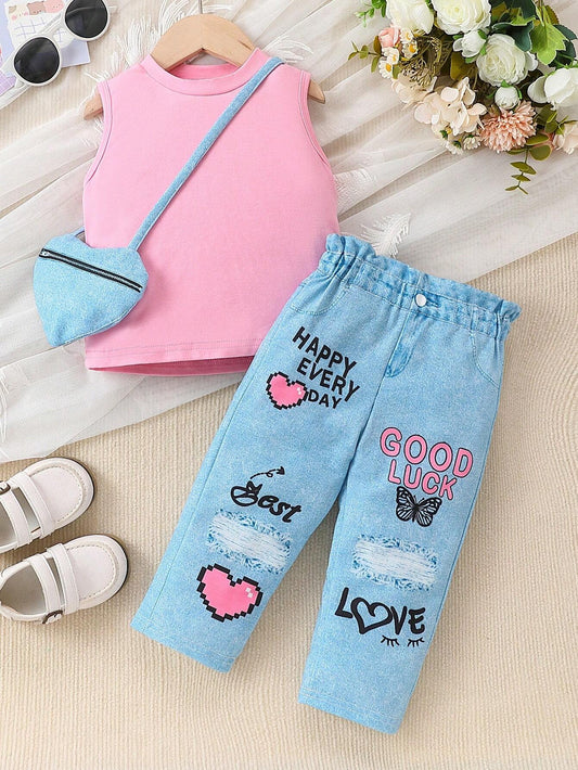 3pcs Baby Girls' Summer Denim Printed Outfit Pink