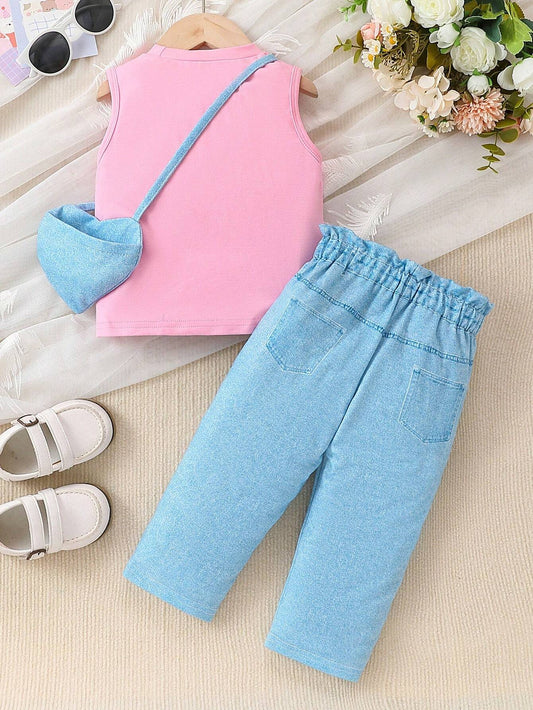 3pcs Baby Girls' Summer Denim Printed Outfit