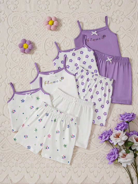 8pcs Baby Girls' Comfortable And Versatile Floral Print Tank Top And Shorts Set Purple