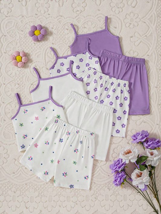 8pcs Baby Girls' Comfortable And Versatile Floral Print Tank Top And Shorts Set