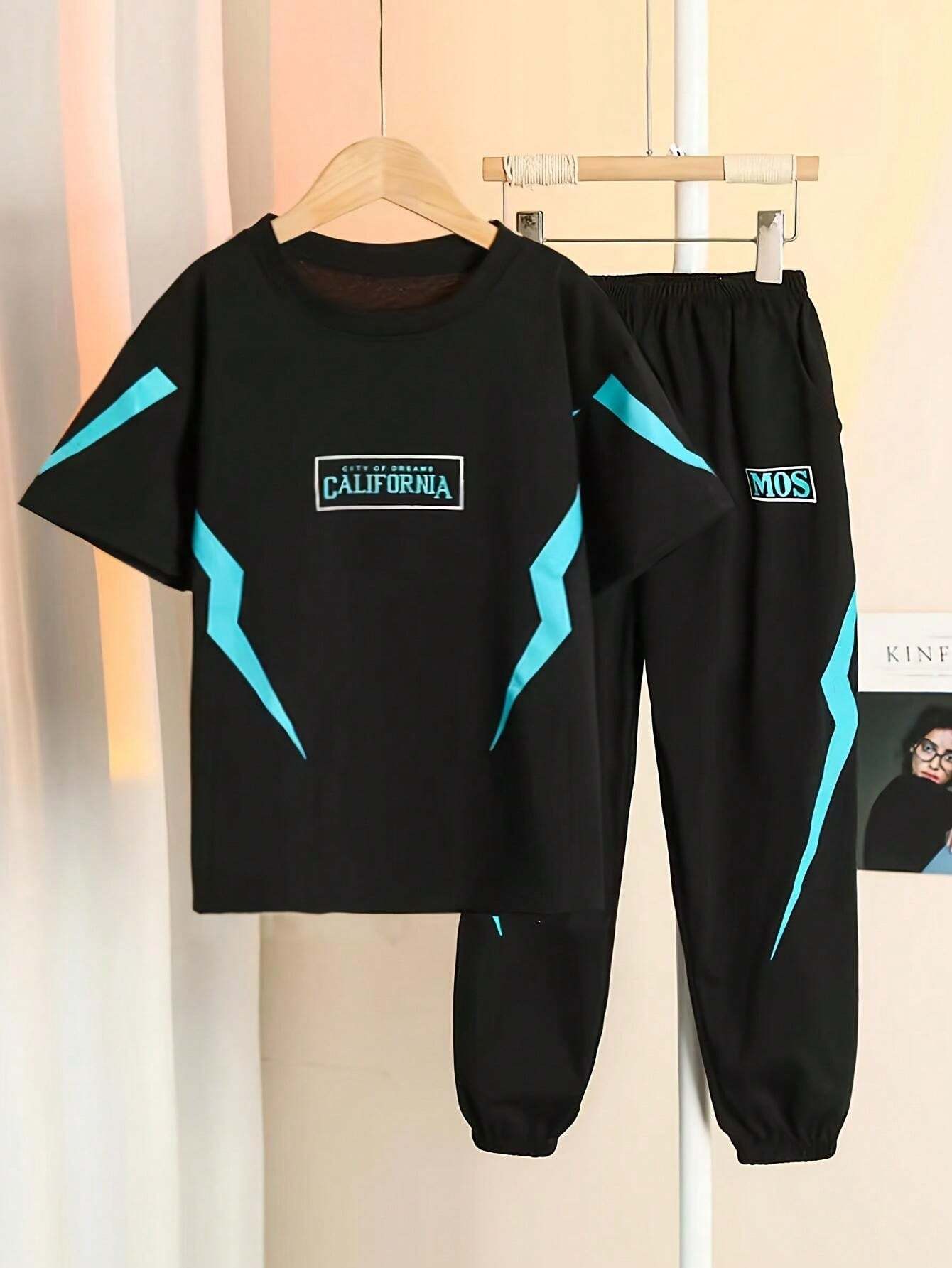 2pcs Tween Boy Sports & Casual Lightning Pattern Short Sleeve T-Shirt And Long Pants