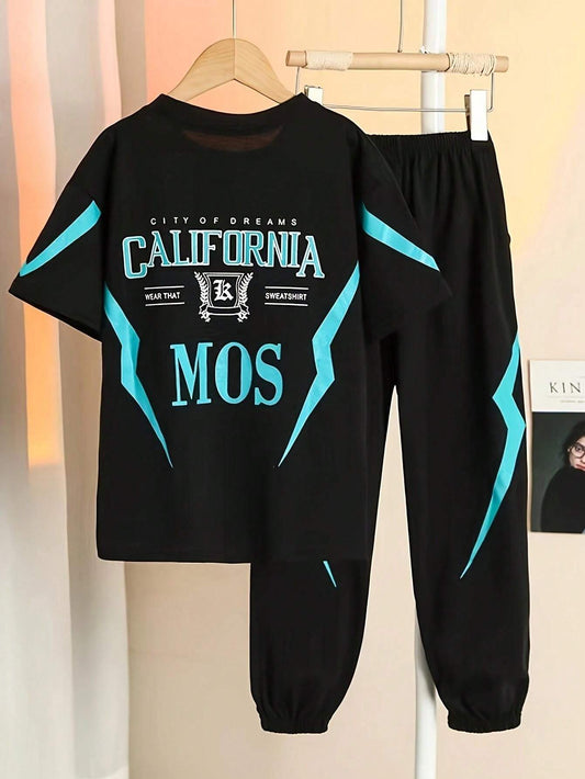 2pcs Tween Boy Sports & Casual Lightning Pattern Short Sleeve T-Shirt And Long Pants