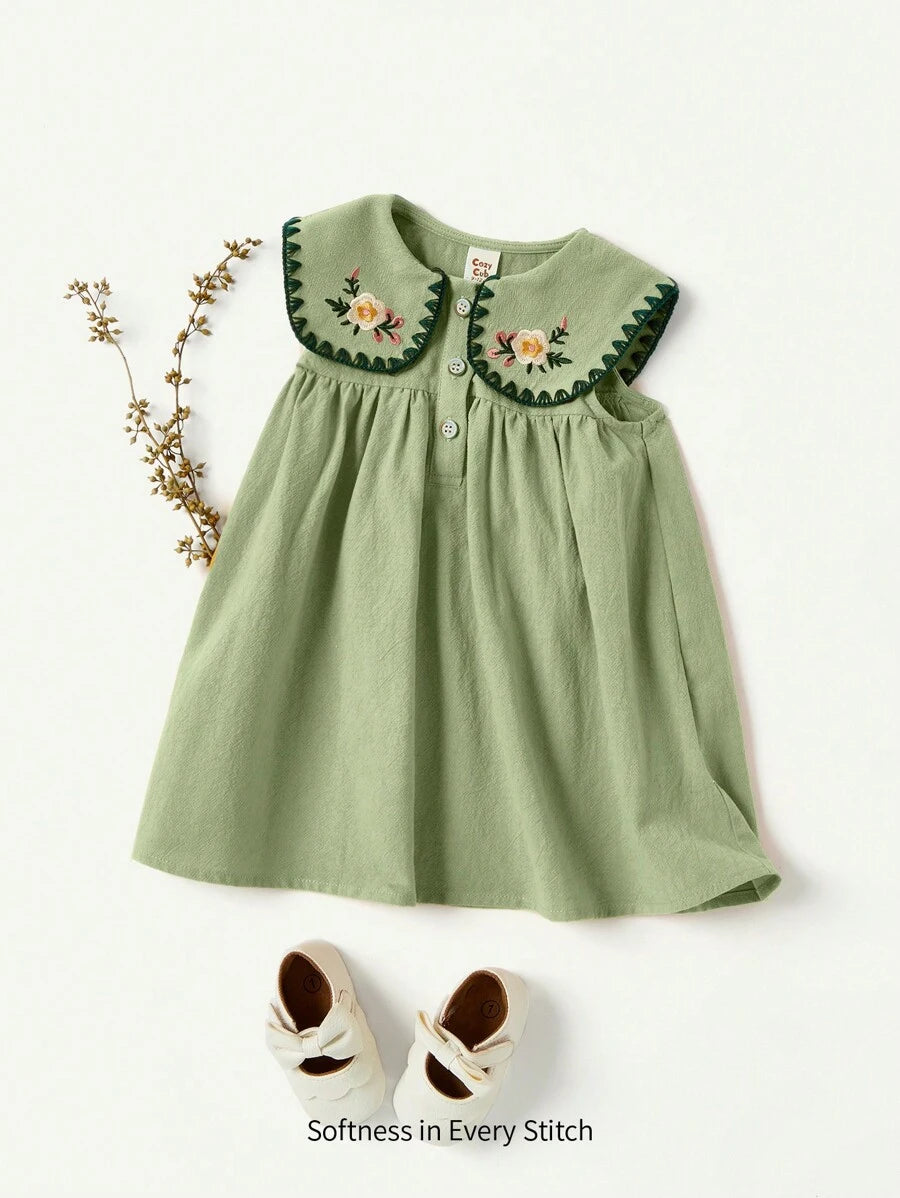 Cozy Pixies Baby Girl Floral Embroidered Sleeveless Dress Cadet Blue 3-6M