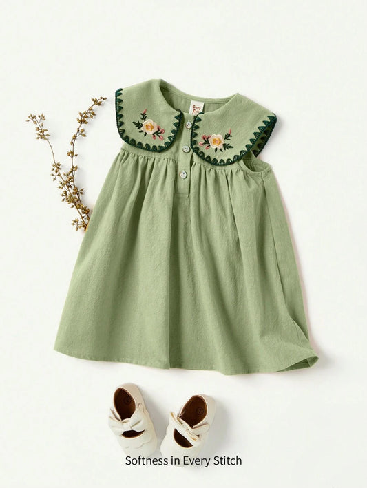 Cozy Pixies Baby Girl Floral Embroidered Sleeveless Dress Cadet Blue 3-6M