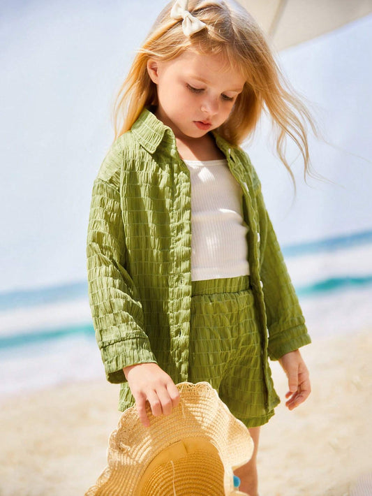 3pcs/Set Young Girl Mint Peplum Trim Outfit Green