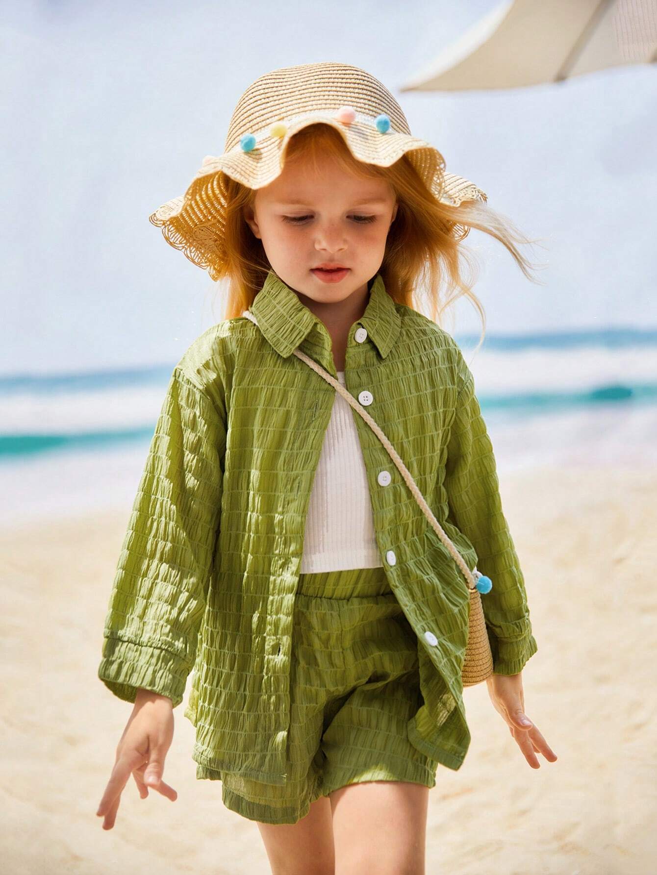 3pcs/Set Young Girl Mint Peplum Trim Outfit