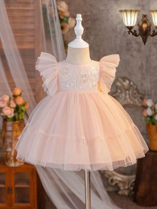 Baby Girl Cute & Elegant Floral Embroidered Mesh Contrast Ruffle Hem Dress