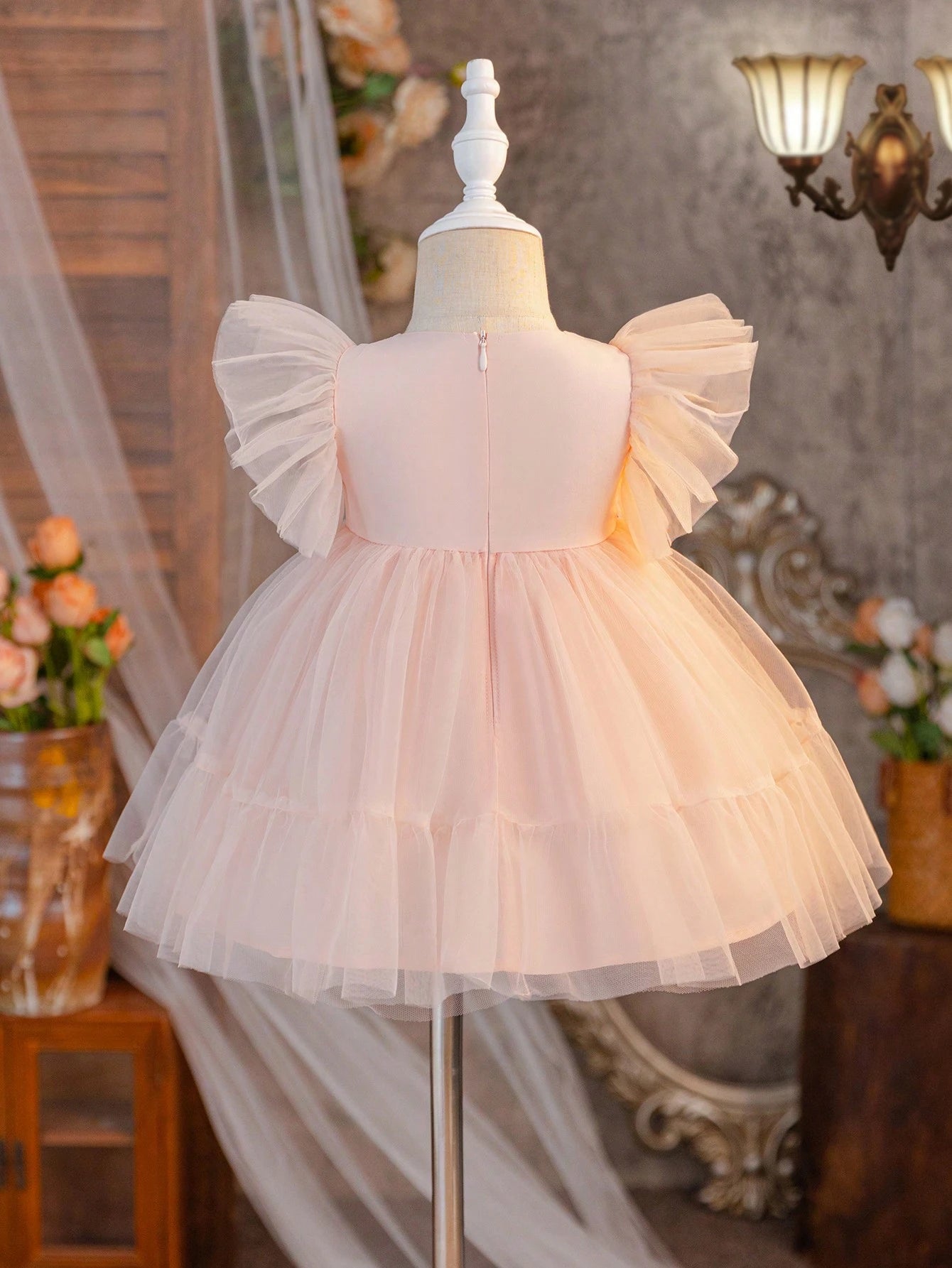 Baby Girl Cute & Elegant Floral Embroidered Mesh Contrast Ruffle Hem Dress