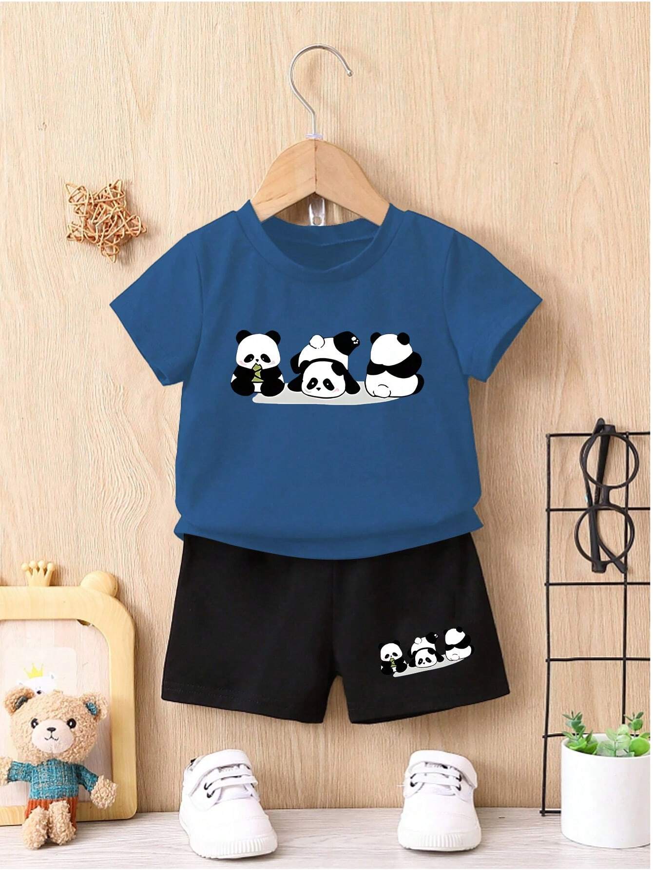 2pcs Baby Boy Casual And Sporty Outfits With Cute Panda Print Blue