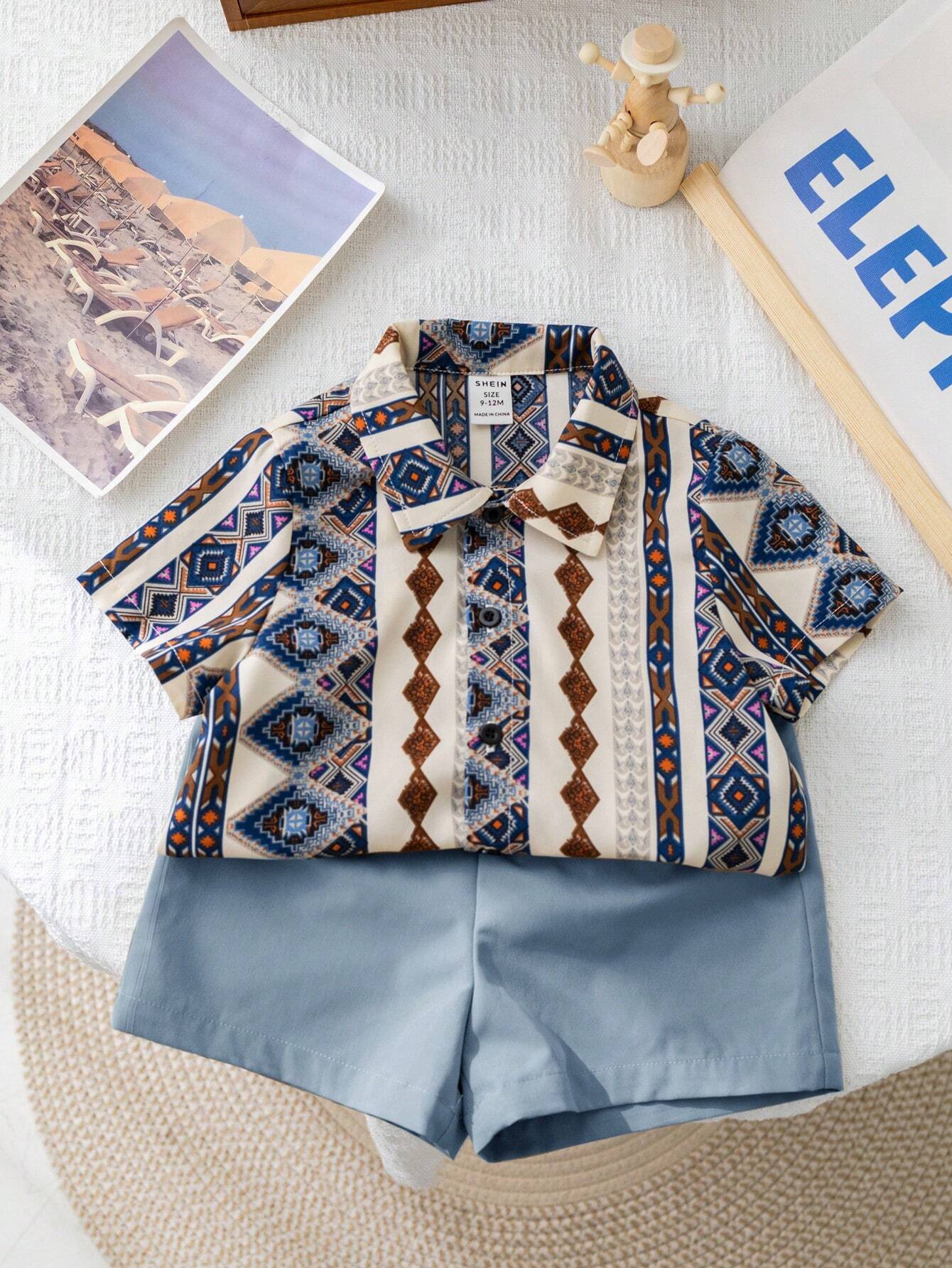 Boy/Girl 2pcs Casual Retro Pattern Print Short Sleeve Shirt With Solid Color Shorts