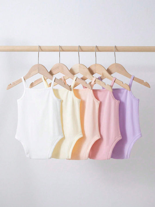 Baby Girl 5pcs Casual Knitted Comfortable Solid Color Bodysuit With Straps And Snaps
