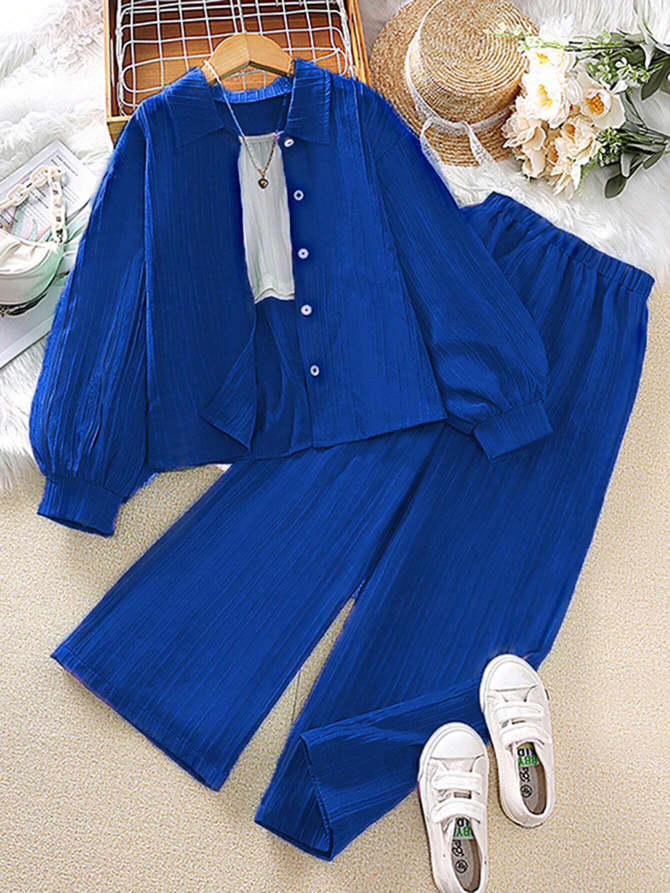 Tween Girl 2-Piece Set New Autumn Turn-Down Collar Long Sleeve Shirt And Long Pants Blue