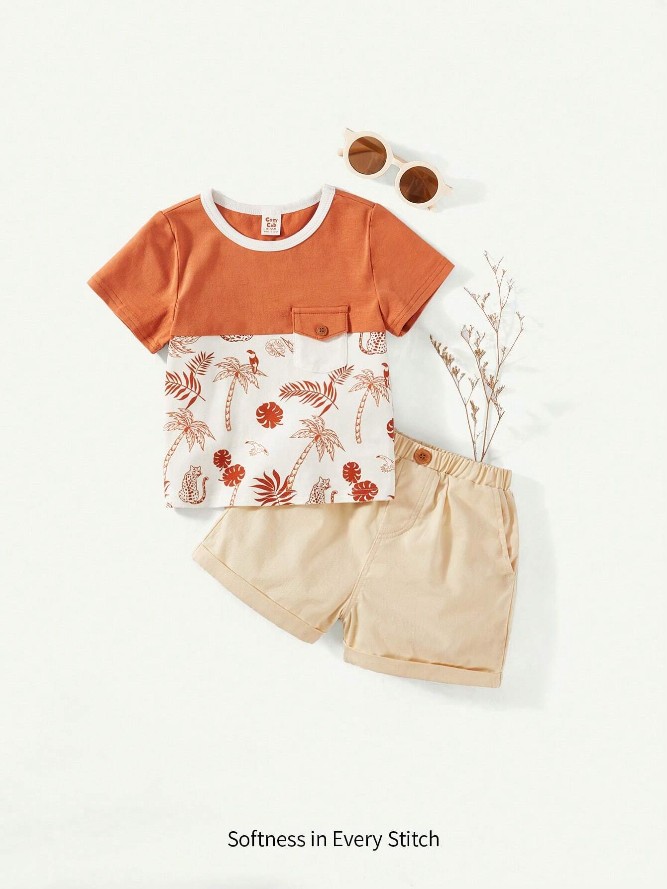 Baby Boy Casual Color Block Round Neck Short-Sleeve T-Shirt With Plant & Floral Print + Solid Shorts Rust Brown