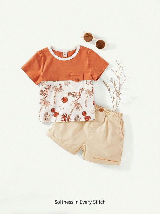 Baby Boy Casual Color Block Round Neck Short-Sleeve T-Shirt With Plant & Floral Print + Solid Shorts Rust Brown