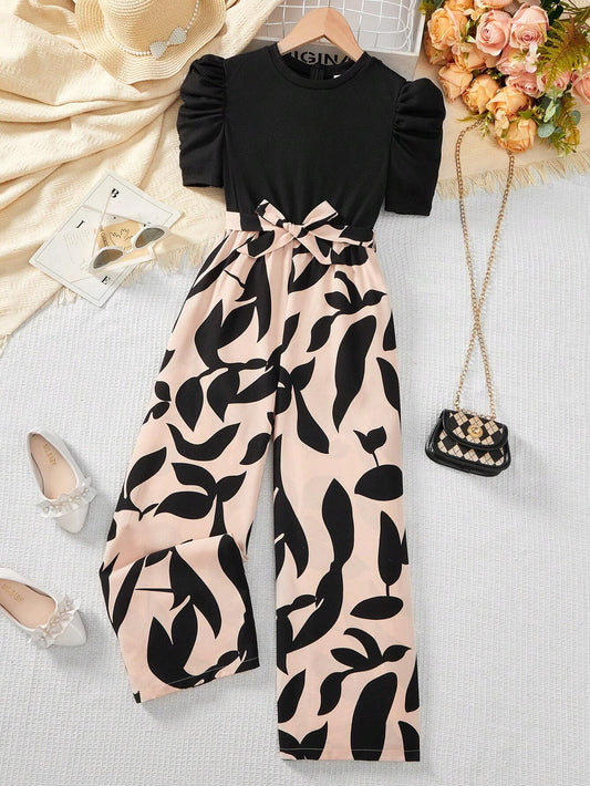 Tween Girl Elegant Monochrome Printed Splice Short Sleeve Wide Leg Jumpsuit Black