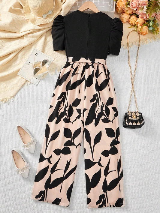 Tween Girl Elegant Monochrome Printed Splice Short Sleeve Wide Leg Jumpsuit