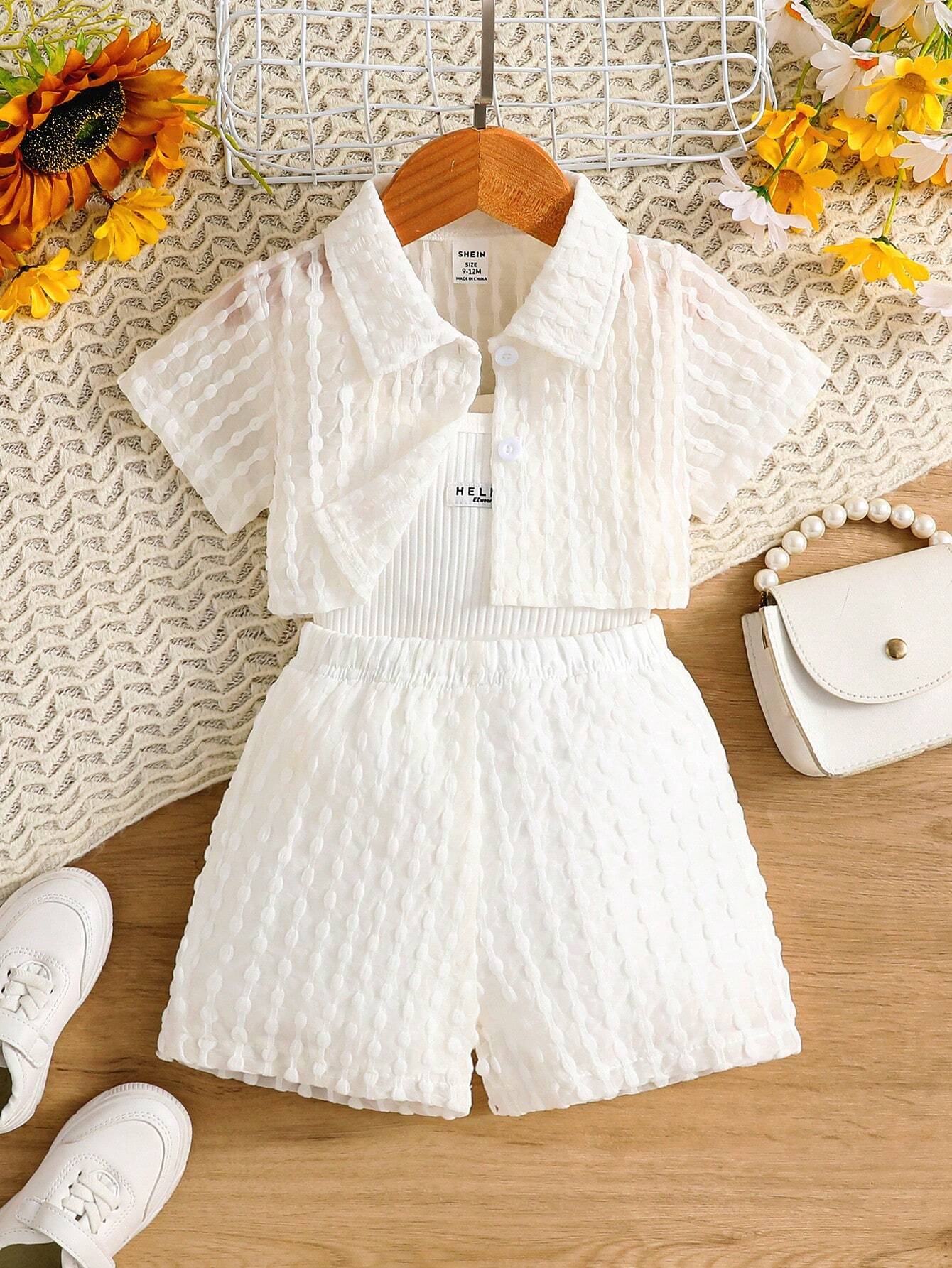 3pcs Baby Girls Vacation Casual Textured Fabric Shirt, Shorts + Jumpsuit White