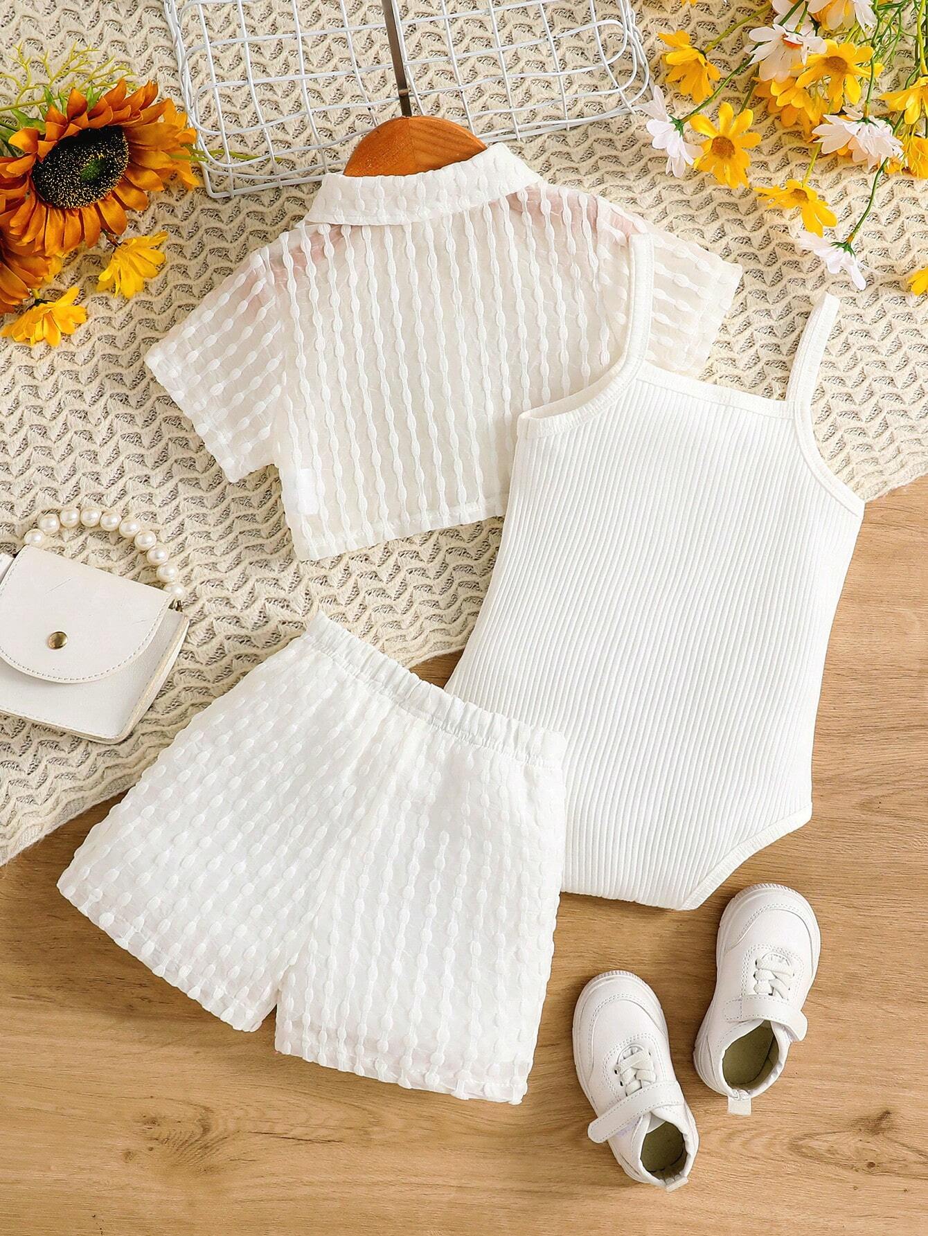 3pcs Baby Girls Vacation Casual Textured Fabric Shirt, Shorts + Jumpsuit