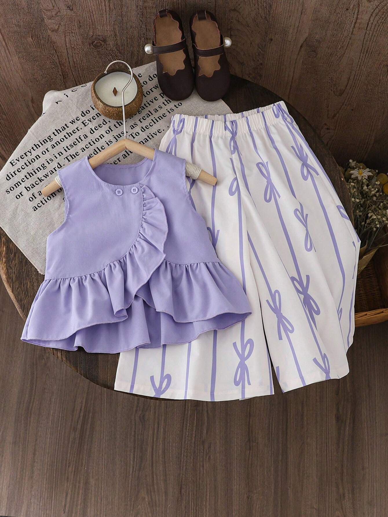 Young Girl Solid Color Round Neck Sleeveless Top With Ruffled Hem And All-Over Print Long Pants Mauve Purple