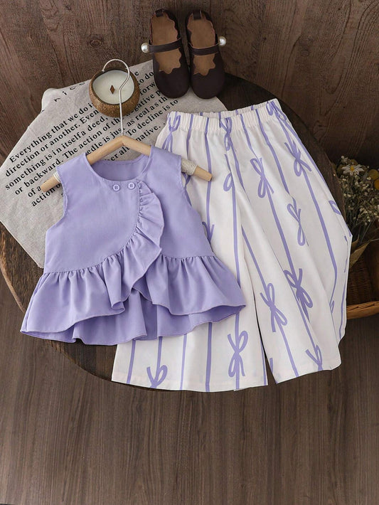 Young Girl Solid Color Round Neck Sleeveless Top With Ruffled Hem And All-Over Print Long Pants Mauve Purple
