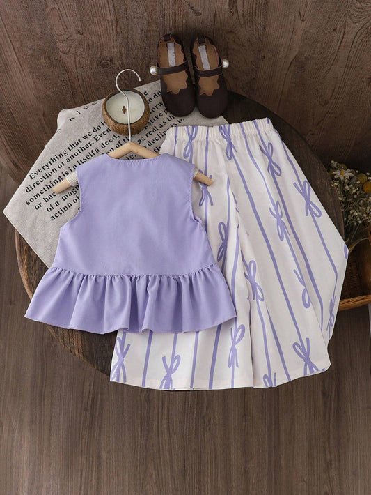 Young Girl Solid Color Round Neck Sleeveless Top With Ruffled Hem And All-Over Print Long Pants