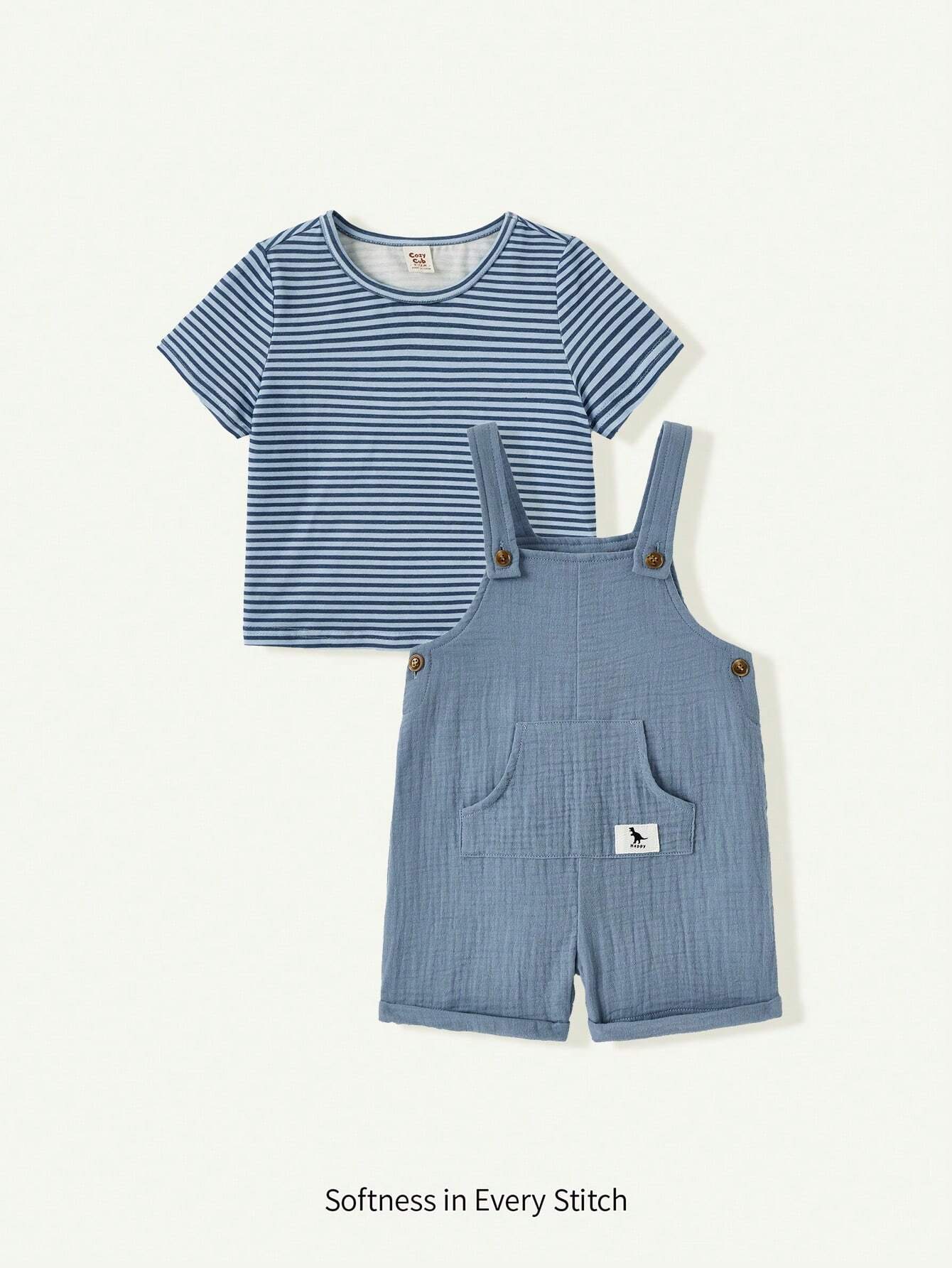 Baby Boy Striped Round Neck Oversized Sweater And Solid Color Suspender Shorts Blue 6-9M