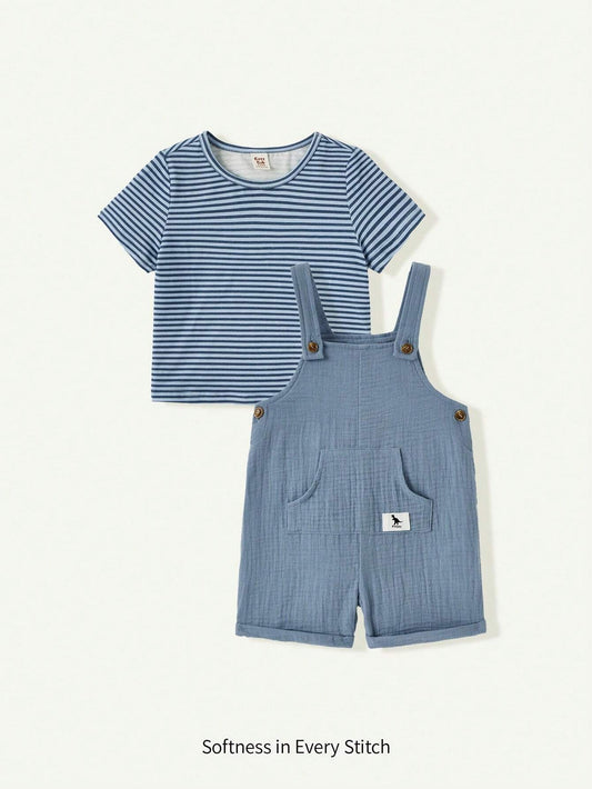 Baby Boy Striped Round Neck Oversized Sweater And Solid Color Suspender Shorts Blue 6-9M