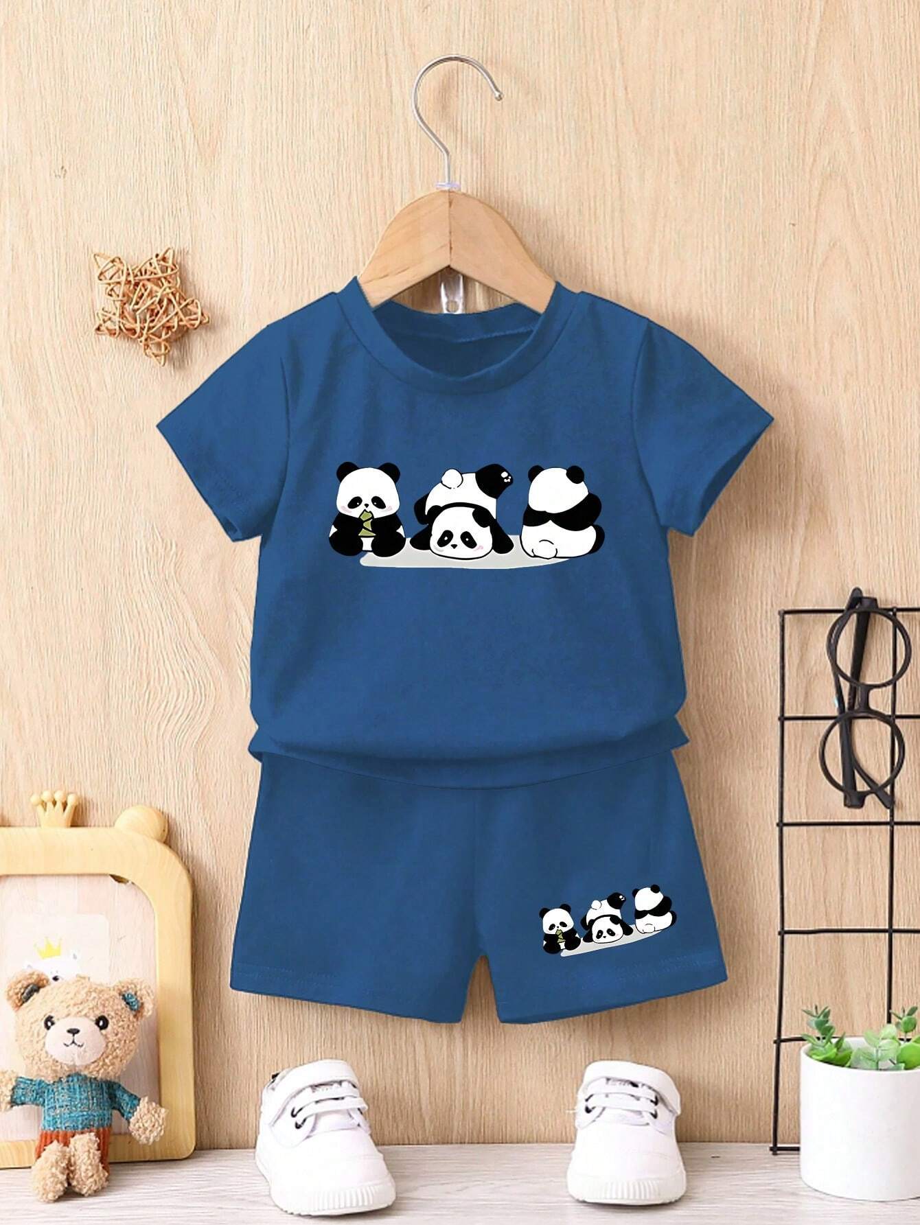 2pcs Baby Boy Casual And Sporty Outfits With Cute Panda Print Blue 2