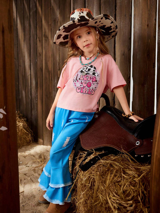 Digital Printed Knit Short Sleeve T-Shirt And Flared Knit Pants With Denim Printed Pattern Multicolor