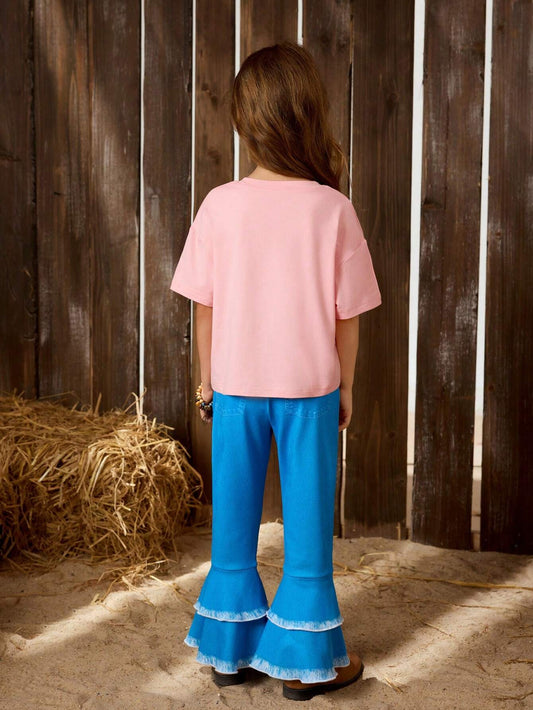 Digital Printed Knit Short Sleeve T-Shirt And Flared Knit Pants With Denim Printed Pattern
