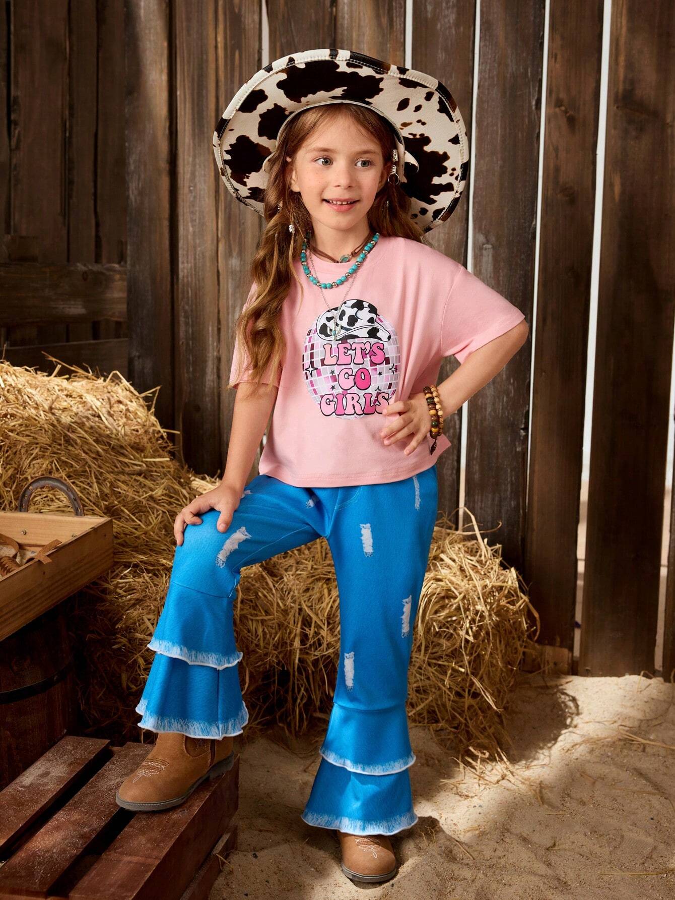 Digital Printed Knit Short Sleeve T-Shirt And Flared Knit Pants With Denim Printed Pattern