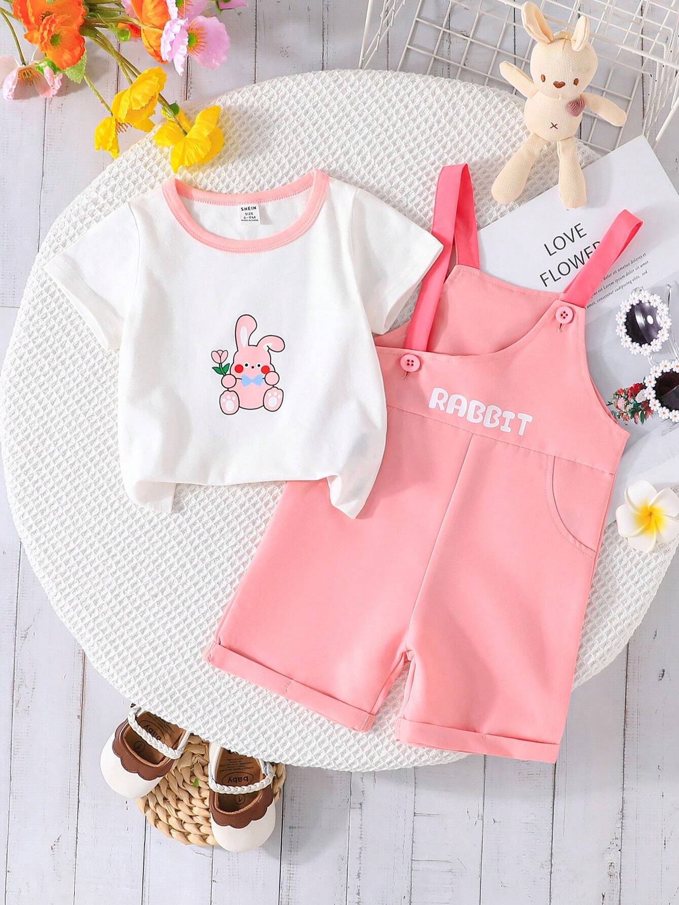 2pcs/Set Baby Girls Cute Rabbit Print Short Sleeve T-Shirt And Bib Shorts Set Pink