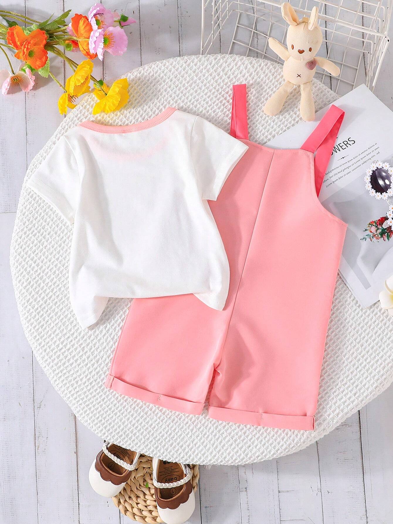 2pcs/Set Baby Girls Cute Rabbit Print Short Sleeve T-Shirt And Bib Shorts Set