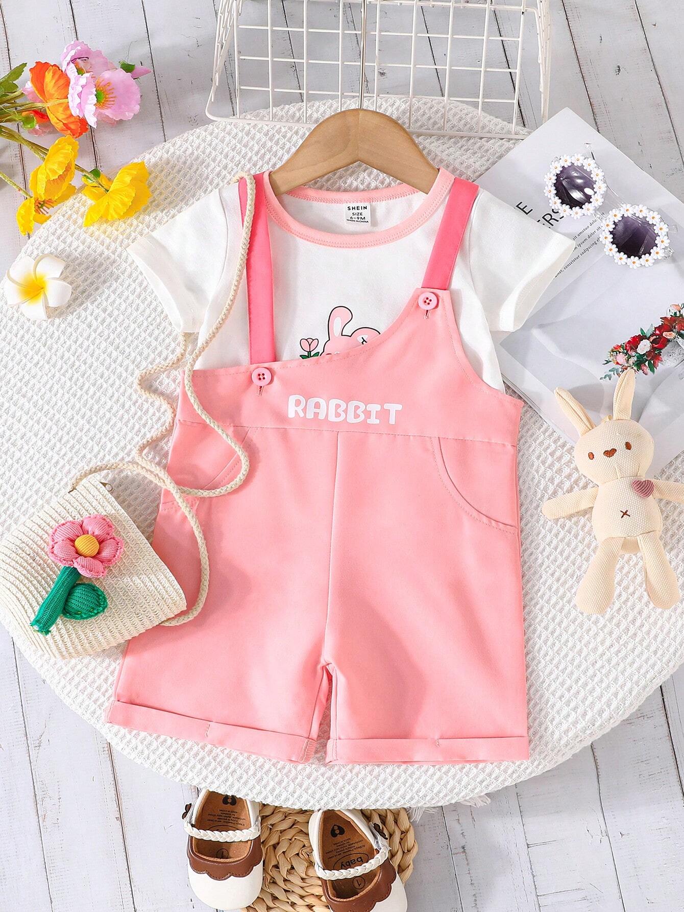 2pcs/Set Baby Girls Cute Rabbit Print Short Sleeve T-Shirt And Bib Shorts Set