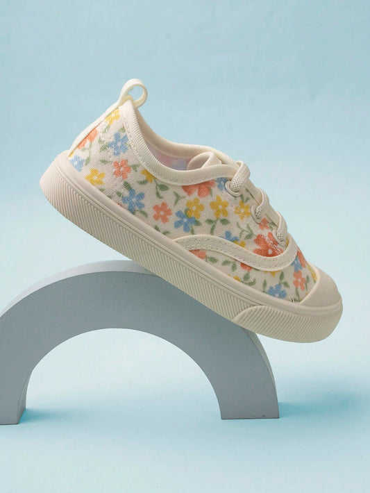 1pair Girls' Colorful Cartoon Floral Lace-Up Flat Fashionable Multicolor