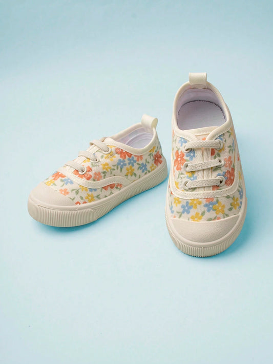1pair Girls' Colorful Cartoon Floral Lace-Up Flat Fashionable