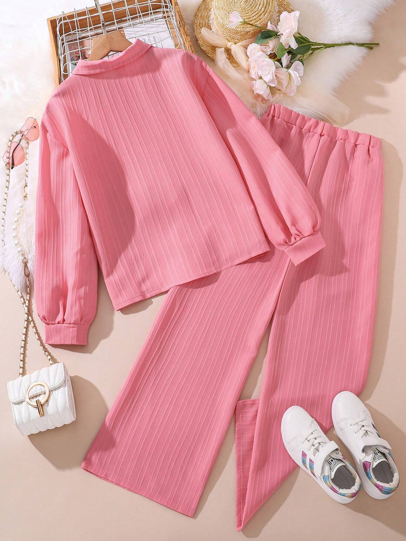 Tween Girl 2-Piece Set New Autumn Turn-Down Collar Long Sleeve Shirt And Long Pants