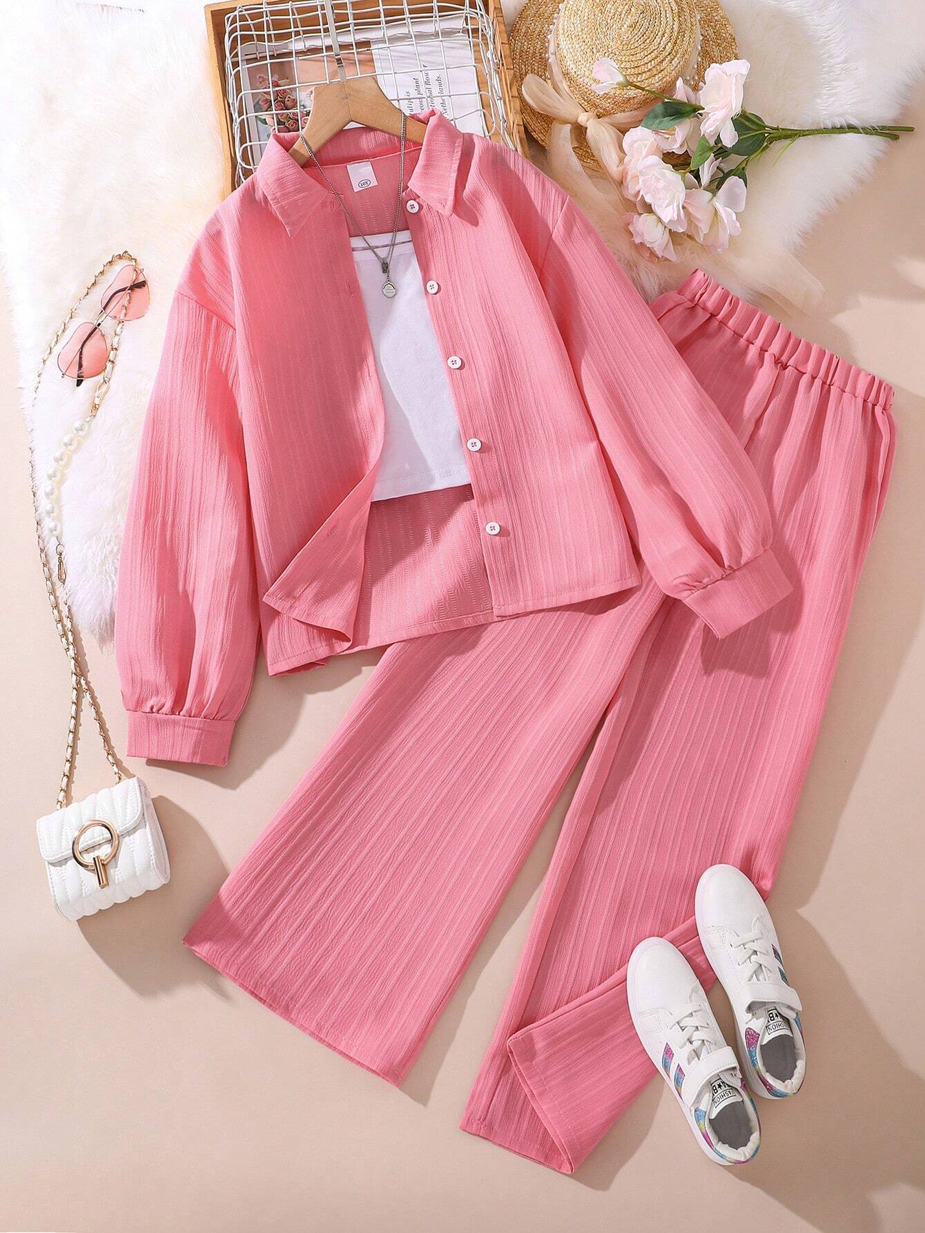 Tween Girl 2-Piece Set New Autumn Turn-Down Collar Long Sleeve Shirt And Long Pants Pink