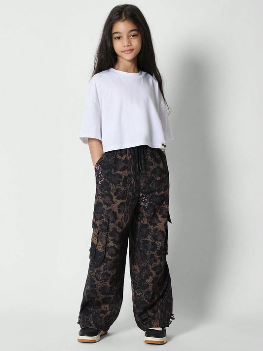 Tween Girls Crop Fit Tee With Leopard Print Cargo Jeans 2 Piece Set Black & White
