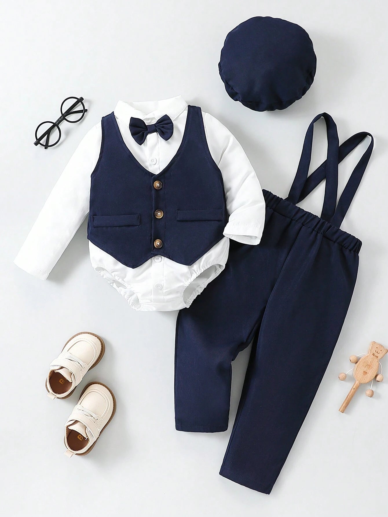 Multiple Pieces Baby Boy's Gentleman Style Buttoned Shirt With Bowtie, Suspender & Long Pants Navy Blue