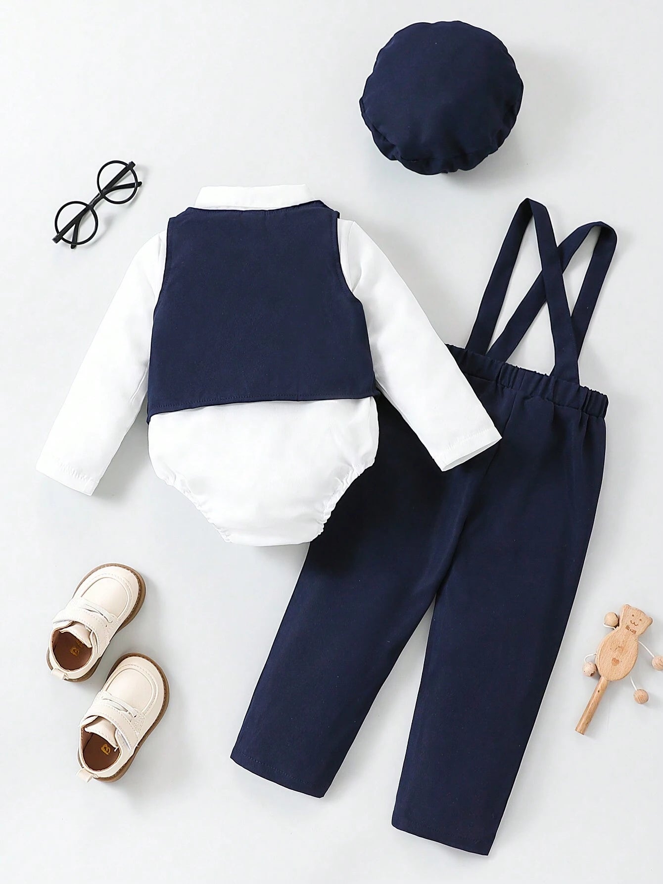 Multiple Pieces Baby Boy's Gentleman Style Buttoned Shirt With Bowtie, Suspender & Long Pants