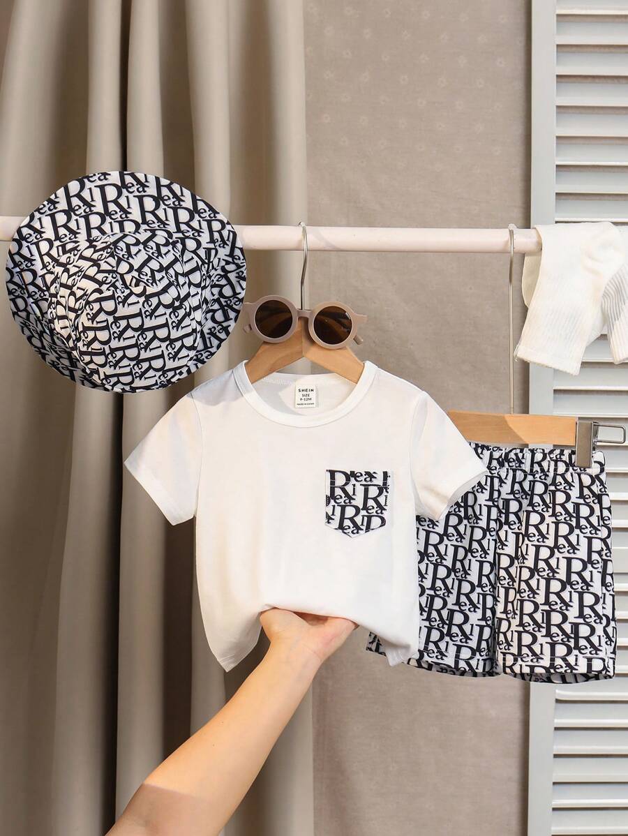 Baby Boy All-Over Print Knit T-Shirt, Shorts And Hat Set Multicolor